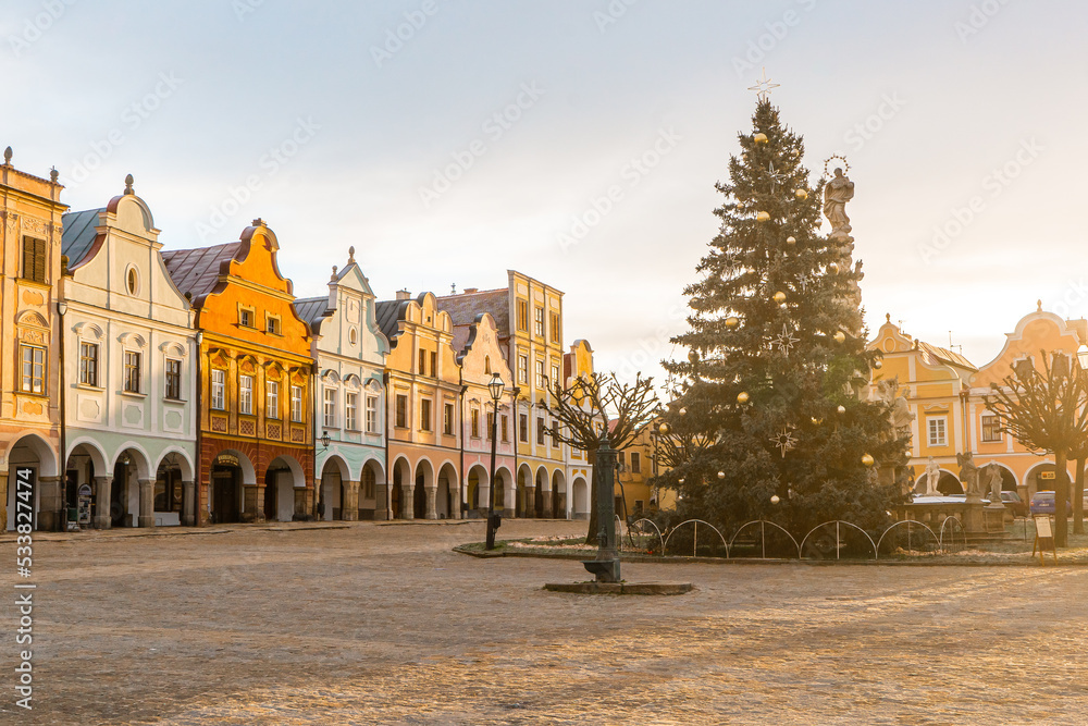 Fototapeta premium Telc , beautiful Unesco old town with Colorful houses around Hradec square , Renaissance architecture during winter morning : Telc , Czech : December 14, 2019