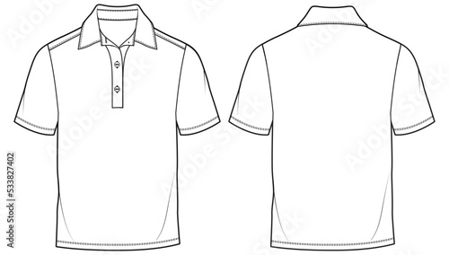 mens short sleeve pique polo t shirt flat sketch vector illustration. front and back view template. cad mockup.