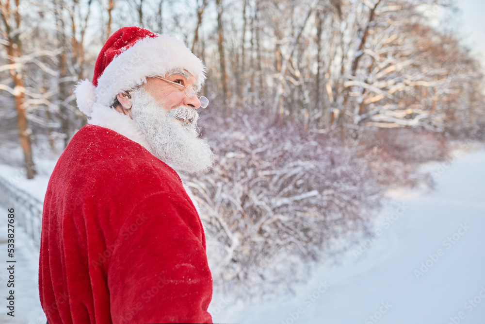 Side view portrait of traditional santa Claus smiling outdoors in winter setting, copy space Side view portrait of traditional santa Claus smiling outdoors in winter setting, copy space