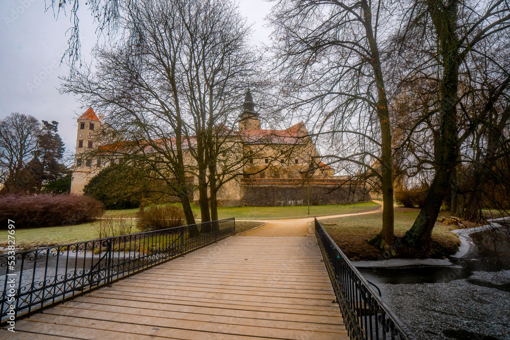 Telc Chateau , Gothic castle in Telc near Hradec square in Telc old town during winter morning , Czech : December 14, 2019 Telc Chateau , Gothic castle in Telc near Hradec square in Telc old town during winter morning , Czech : December 14, 2019