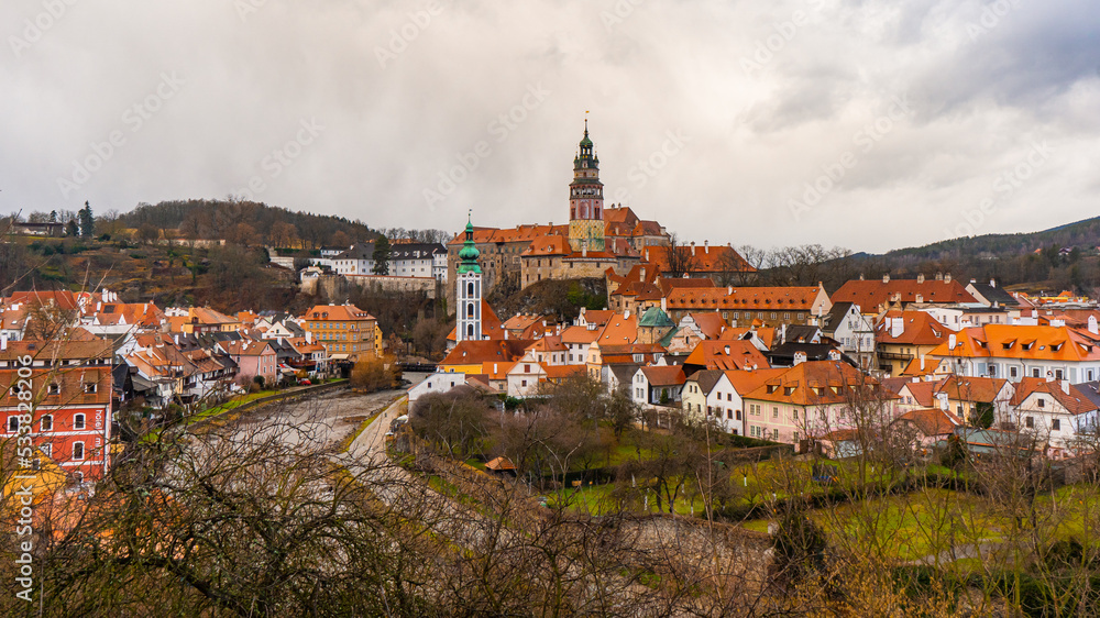Panoramic view from Cesky Krumlov old town . Medieval and romantic town along Vltava River during winter , Czech  : December 14, 2019