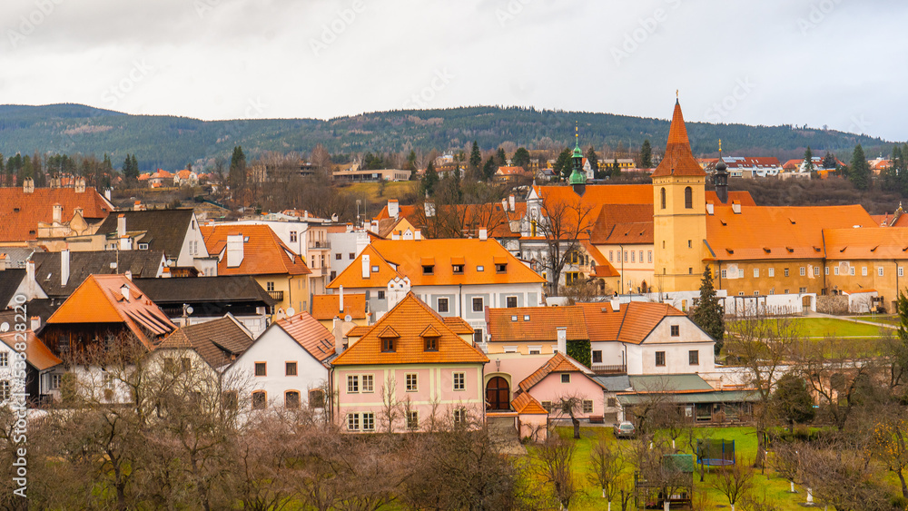 Panoramic view from Cesky Krumlov old town . Medieval and romantic town along Vltava River during winter , Czech  : December 14, 2019