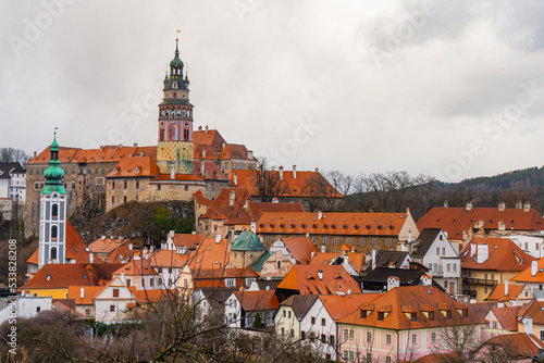 Panoramic view from Cesky Krumlov old town . Medieval and romantic town along Vltava River during winter , Czech : December 14, 2019