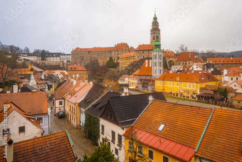 Panoramic view from Cesky Krumlov old town . Medieval and romantic town along Vltava River during winter , Czech : December 14, 2019