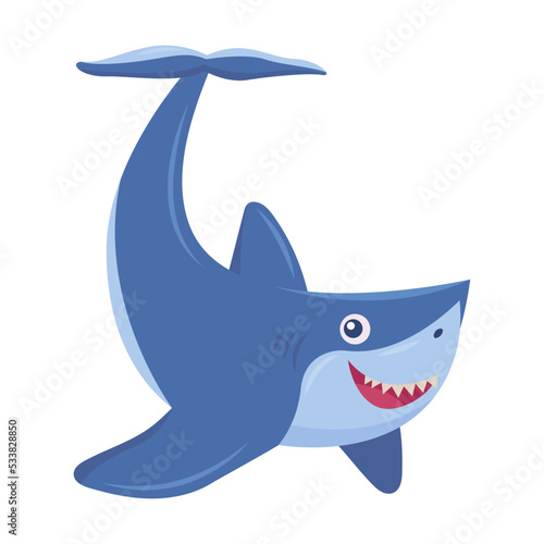 Cute smiling shark flat picture. Cartoon comic predator fish isolated on white background vector illustration. Underwater wildlife and ocean animals concept