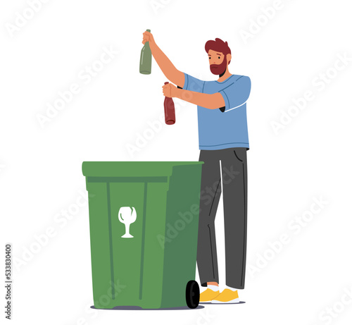 Man Throw Glass Bottles Garbage Into Special Container For Sorting Litter, Trash Recycling Isolated On White Background