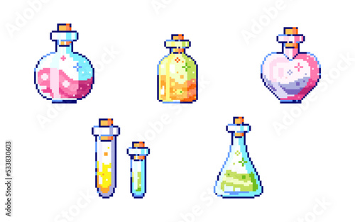 Pixel art 8bit potions set. 8 bit retro game style elixirs in glass bottles. 90s assets stickers collection of pixel potions icons set. 
