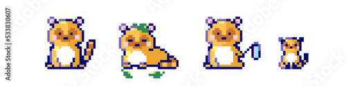 Pixel raccoon illustration set. Pixel art animal raccoon or japanese tanuki icons collection. 8 bit 90s game style cute asset sticker illustrations. Funny pixelated raccoon characters.