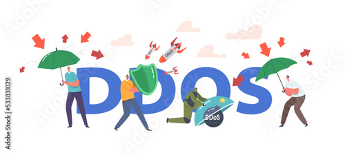 Ddos Protection, Cyber Security And Safety Data Concept. People with Shield and Umbrella Protect Network Servers