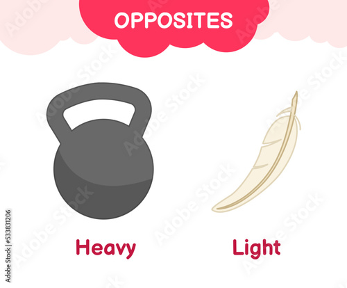 Vector learning material for kids opposites heavy light. Cartoon illustrations of a heavy weight and a light white feather.
