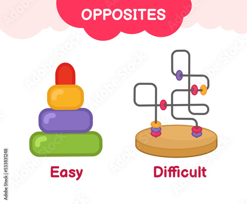 Vector learning material for kids opposites easy difficult. Cartoon illustrations of easy pyramid and difficult puzzle
