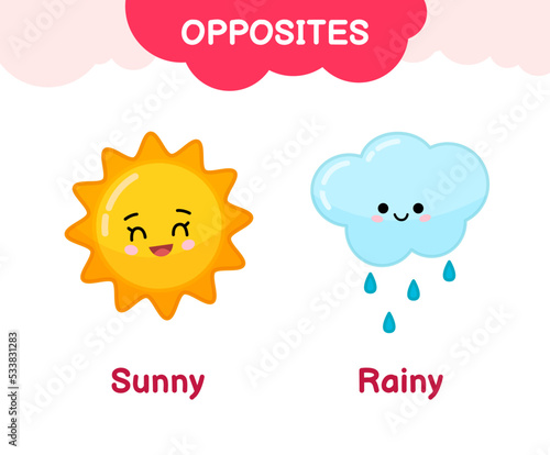 Vector learning material for kids opposites sunny rainy. Cartoon illustrations of cartoon sun and cloud with rain. 