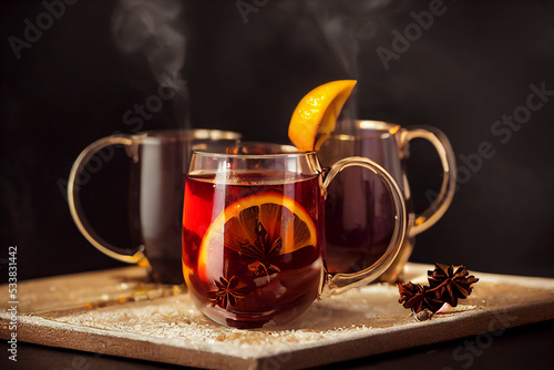 Mugs of mulled wine, hot winter drink, food photography and illustration