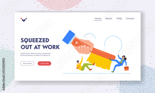 Downsnizing, Personnel Reduction Landing Page Template. Huge Leader Hand Sweep Business People. Employee Dismissal
