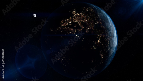 planet earth and moon in space starry background cosmic solar stars sun flare