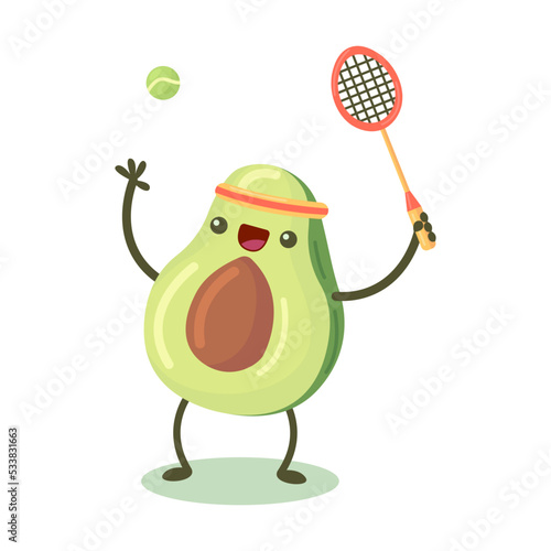 Cute avocado exercising flat for web design. Cartoon avocado fruit character in gym isolated vector illustration. Fitness workout and sport activity concept