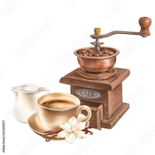 Composition with a coffee grinder, a cup of coffee, vanilla, milk jug