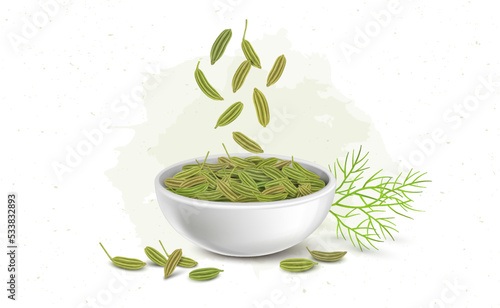 A white ceramic bowl filled with green herbal fennel seeds vector illustration