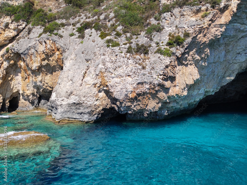 blue caves on Paxos island in Greece