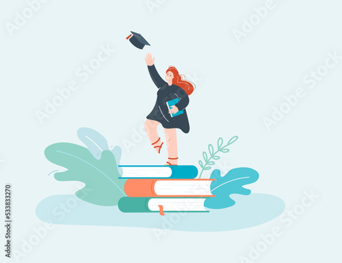 Female alumnus graduating university flat vector illustration. Tiny graduate throwing graduation cap, standing on huge pile of books. Education concept for banner, website design or landing web page