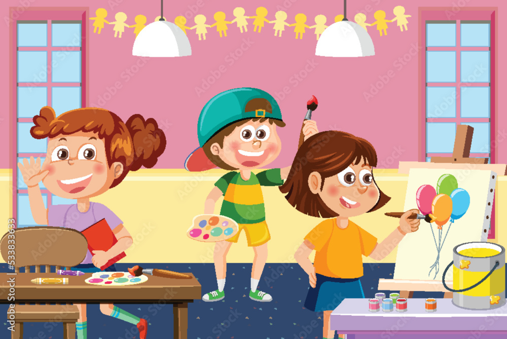 Art classroom with happy students Art classroom with happy students