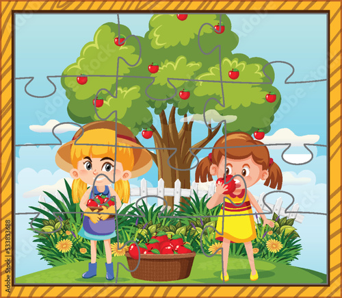 Fototapeta Naklejka Na Ścianę i Meble -  Gardener kids photo jigsaw puzzle game template