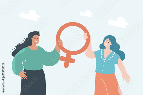 Women holding female symbol flat vector illustration. Support, feminism, empowerment, friendship, equality, solidarity concept for banner, website design or landing web page