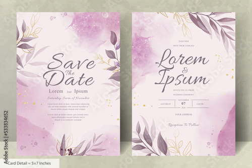 Elegant Wedding Invitation Card with Watercolor and Greenery Leaves