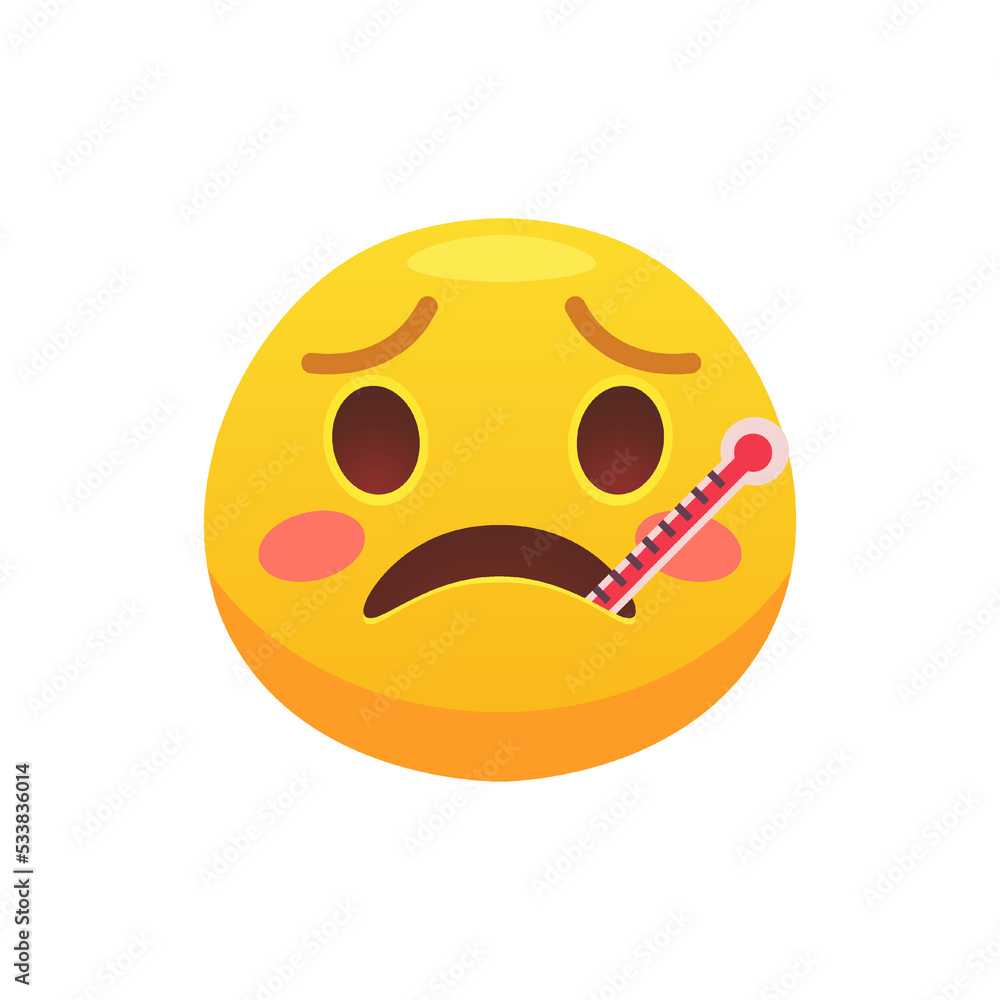 Fototapeta premium Emoji face with a thermometer flat icon for web design. Cartoon yellow emotion circle icon smiling, laughing and crying isolated vector illustration. Feeling expression and communication concept