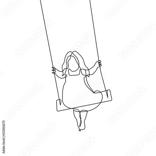 Сhild on Swing Continuous Single Line Drawing. Playing Girl One Line Drawing. Cute Girl Minimalist Illustration. Vector EPS 10.