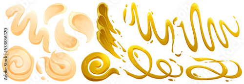 Stains and splashes of mayonnaise and mustard. Vector cartoon set of spills and strips of cream, cheese sauce, mayo and barbecue isolated on white background