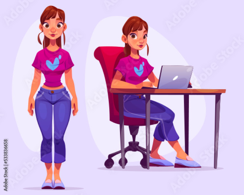 Young woman cartoon front view stand and sitting at desk with laptop. Girl wear jeans and t-shirt freelancer, office worker or student, female character with brown hair and eyes, Vector illustration