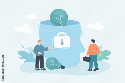 Lightbulbs in human head under lock flat vector illustration. Upset employee having no creative ideas. Crisis, stress, creativity inspiration concept for banner, website design or landing web page