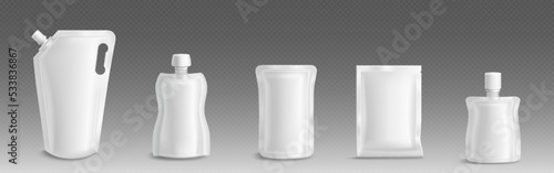 Blank plastic doypacks, white pouches with lids for liquid food, cosmetic and detergent. Vector realistic mockup of 3d flexible doy pack isolated on transparent background