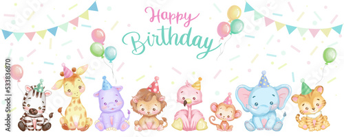 Safari birthday party vector illustration. Jungle animals watercolor illustration for invitation, postcard, sticker and banner.