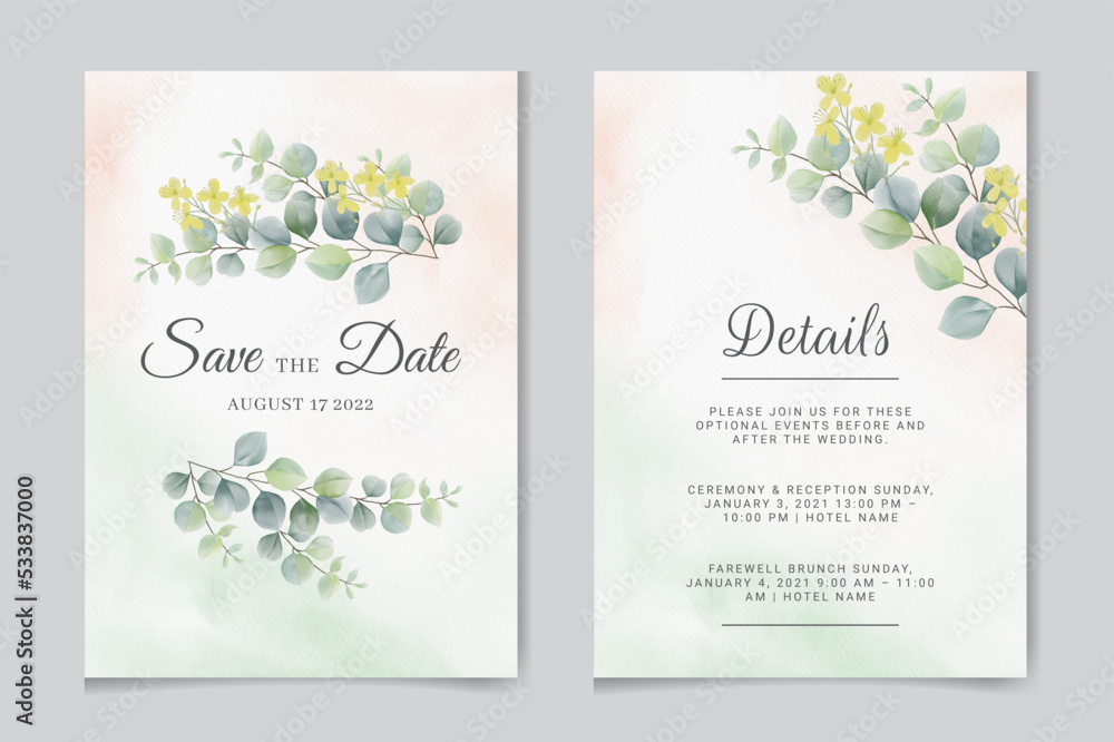 Watercolor vector set wedding invitation card template design with green eucalyptus leaves.