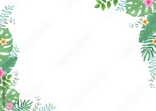 Watercolor tropical leaves background template.  Hand painted watercolor illustration, tropic summertime jungle motif banner, birthday greeting, Invitation card template.