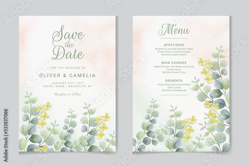 Watercolor vector set wedding invitation card template design with green eucalyptus leaves.