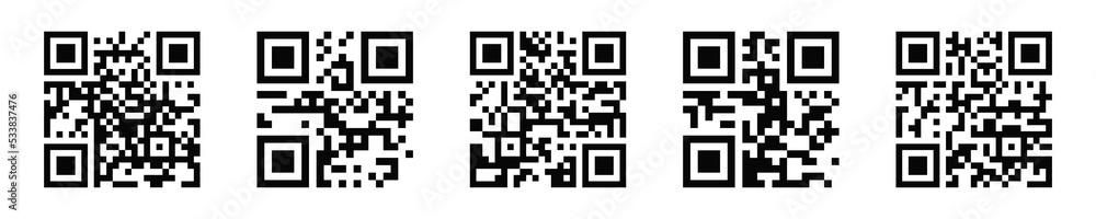 Set of QR code icons. Matrix barcode pictograms isolated on white background. Examples of qrcodes with digital information to scanning by mobile phone camera. Vector graphic illustration Set of QR code icons. Matrix barcode pictograms isolated on white background. Examples of qrcodes with digital information to scanning by mobile phone camera. Vector graphic illustration