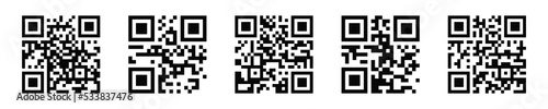 Set of QR code icons. Matrix barcode pictograms isolated on white background. Examples of qrcodes with digital information to scanning by mobile phone camera. Vector graphic illustration