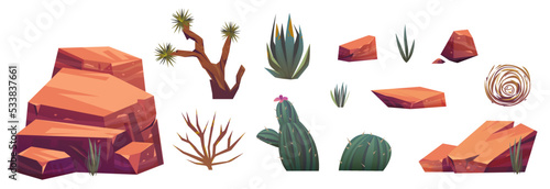 Set of desert mountain rocks and cacti, tumbleweed, stones, green piked plants. Isolated natural elements, wild west or african nature flora for game formation, Cartoon vector illustration, icons set