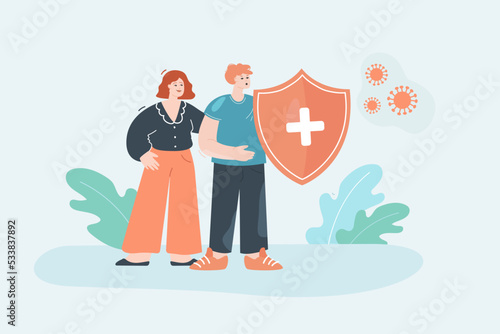 Couple protecting from germs with shield. People fighting with coronavirus flat vector illustration. Healthcare, covid, pandemic concept for banner, website design or landing web page