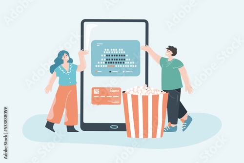 People selecting movie theater seats online. Man and woman paying for tickets via mobile application. Entertainment, cinema, media, cyberspace concept for banner, website design or landing web page
