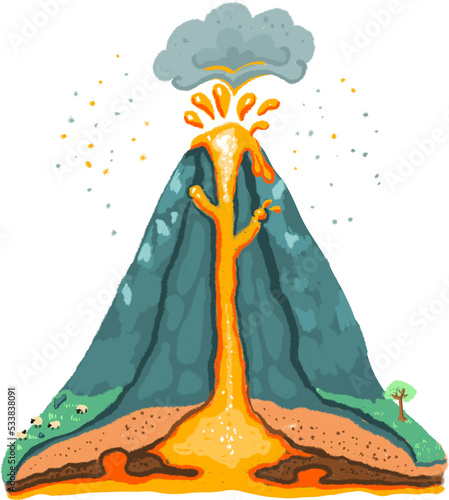 Volcano, drawing for school, for teaching, all elements: crater, magma, ash cloud. Education, primary , home school
