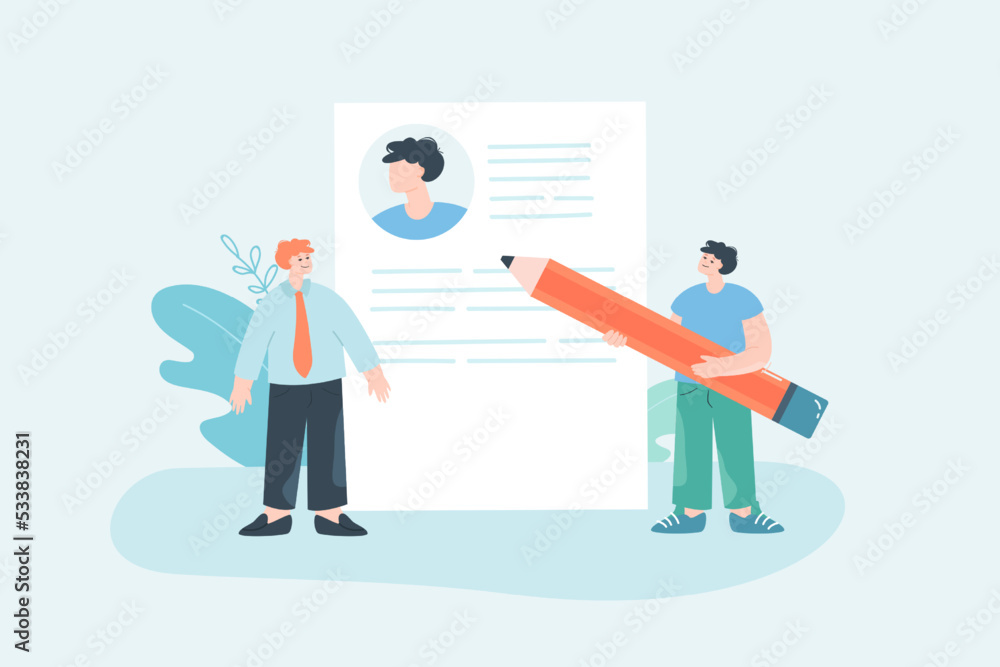 HR manager analyzing CV of candidate flat vector illustration. Tiny recruiter looking at resume of job seeker. Employment, occupation, career concept for banner, website design or landing web page HR manager analyzing CV of candidate flat vector illustration. Tiny recruiter looking at resume of job seeker. Employment, occupation, career concept for banner, website design or landing web page