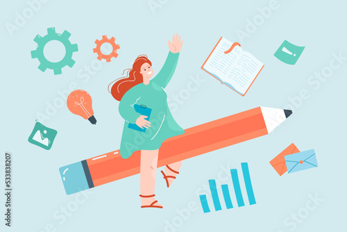 Girl flying on huge pencil flat vector illustration. Lightbulb, gear wheel, notebook, book in background. Education, career, work, development concept for banner, website design or landing web page