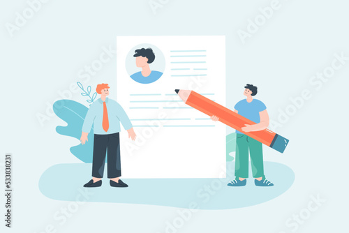 HR manager analyzing CV of candidate flat vector illustration. Tiny recruiter looking at resume of job seeker. Employment, occupation, career concept for banner, website design or landing web page