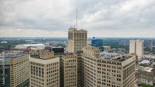 City view of Downtown Detroit in the summer on a cloudy day taken from the Guardian Building