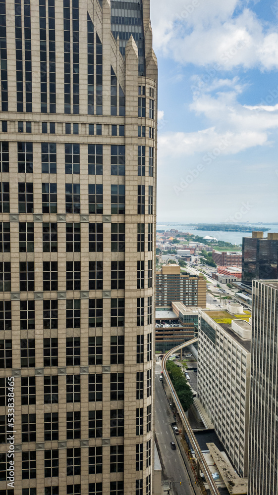 City view of Downtown Detroit	in the summer on a cloudy day taken from the Guardian Building