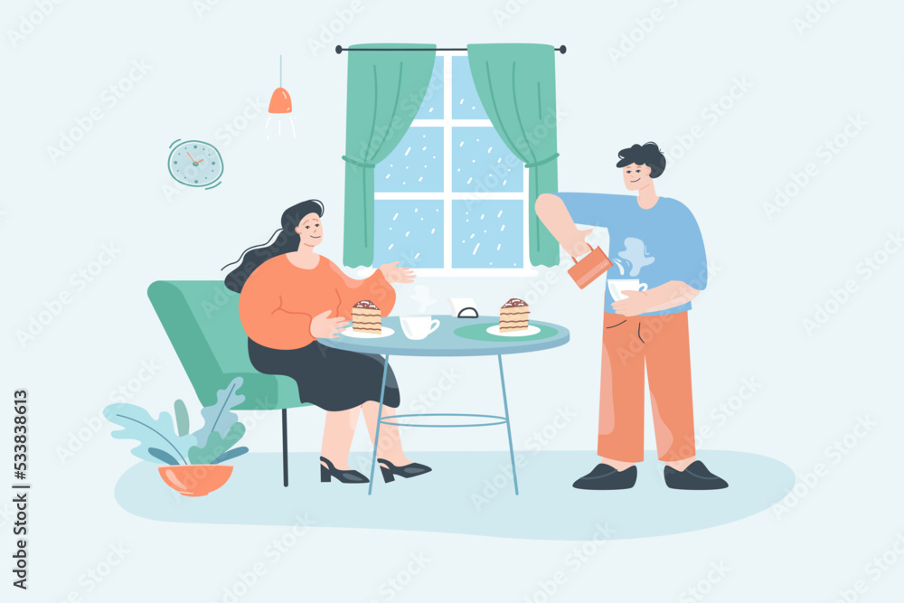 Husband making tea for his wife flat vector illustration. Cartoon characters eating cake in kitchen in rainy weather. Love, care, togetherness concept for banner, website design or landing web page